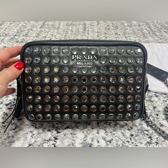 Prada Rhinestone Embellished Diagramme Quilted Camera Bag BLK Leather Cristal - Picture 4 of 17